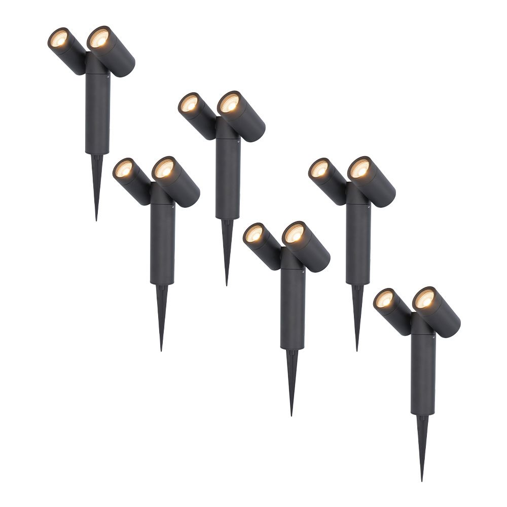 Set van 6 Pinero Dubbel LED prikspots - GU10 8 watt 345 lumen - Dimbaar - Kantelbaar - 2700K warm wit - IP65 Waterdicht - Zwart | HOFTRONIC