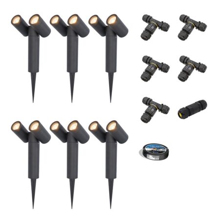 Set van 6 Pinero Dubbel LED prikspots - GU10 8W 690lm - Dimbaar - Kantelbaar - 2700K - IP65 - Zwart - Inclusief installatiemateriaal (Kabel & connector) | HOFTRONIC