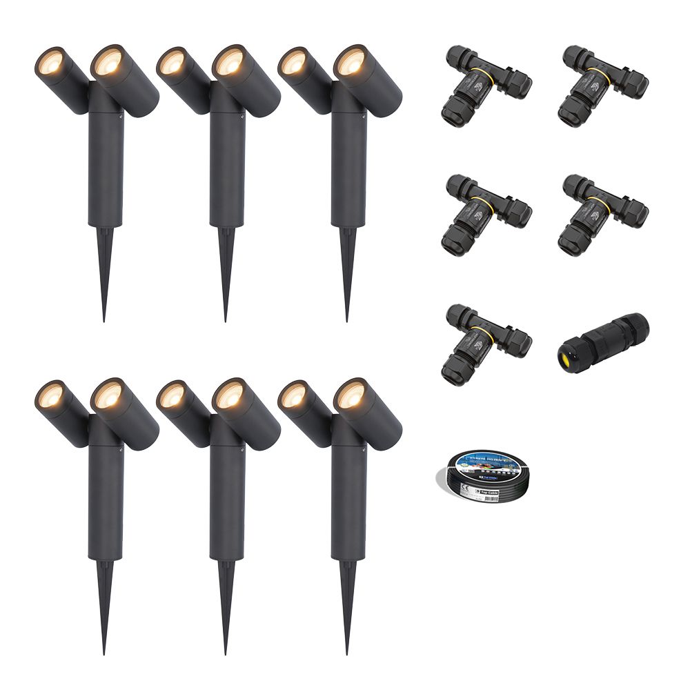 Set van 6 Pinero Dubbel LED prikspots - GU10 8W 690lm - Dimbaar - Kantelbaar - 2700K - IP65 - Zwart - Inclusief installatiemateriaal (Kabel & connector) | HOFTRONIC