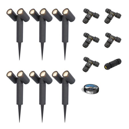 Set van 6 Pinero Dubbel LED prikspots - GU10 8W 690lm - Dimbaar - Kantelbaar - GU10 - 4000K - IP64 - Zwart - Inclusief installatiemateriaal (Kabel & connector) | HOFTRONIC