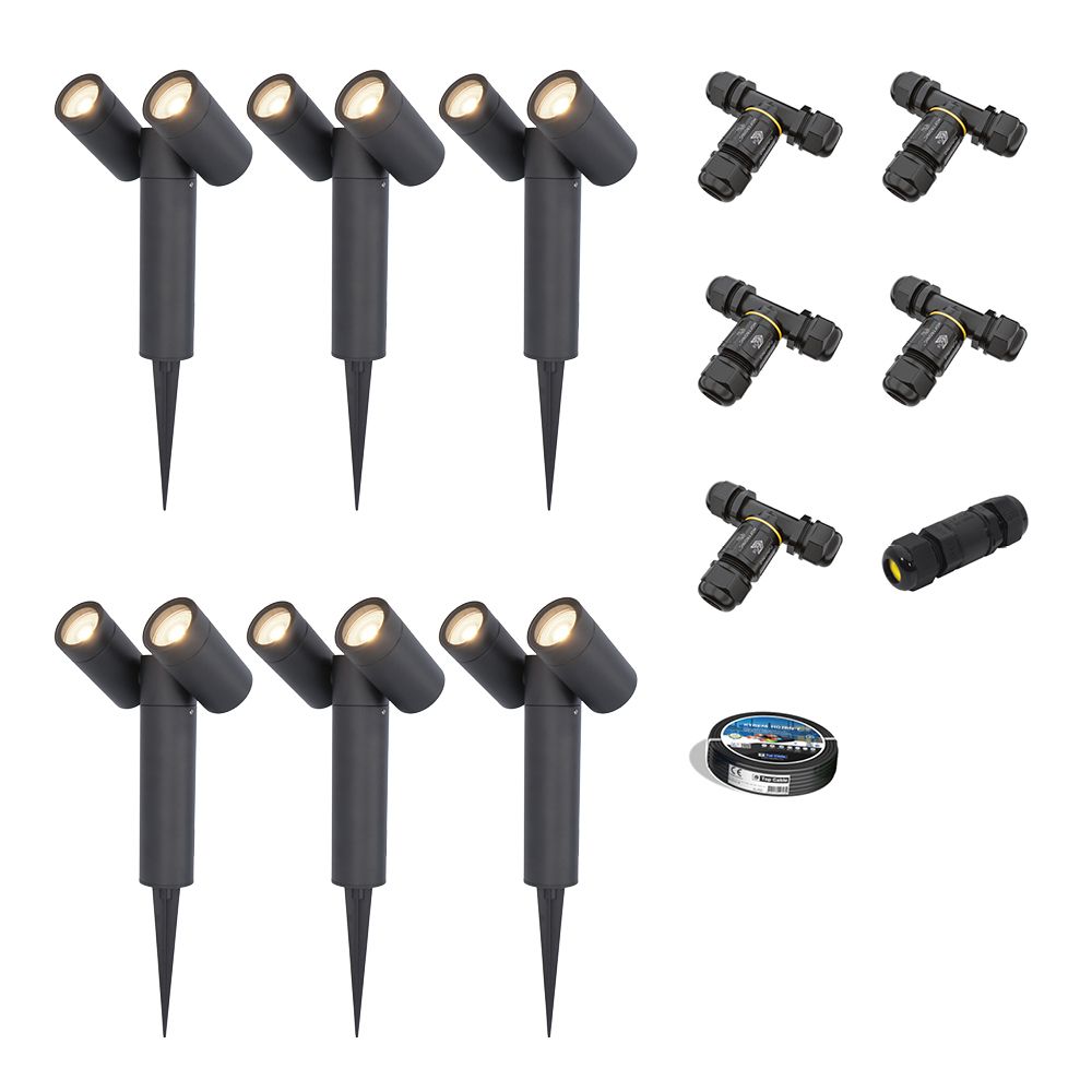 Set van 6 Pinero Dubbel LED prikspots - GU10 8W 690lm - Dimbaar - Kantelbaar - GU10 - 4000K - IP64 - Zwart - Inclusief installatiemateriaal (Kabel & connector) | HOFTRONIC