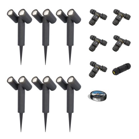 Set van 6 Pinero Dubbel LED prikspots - GU10 8W 690lm - Dimbaar - Kantelbaar - GU10 - 6500K - IP64 - Zwart - Inclusief installatiemateriaal (Kabel & connector) | HOFTRONIC