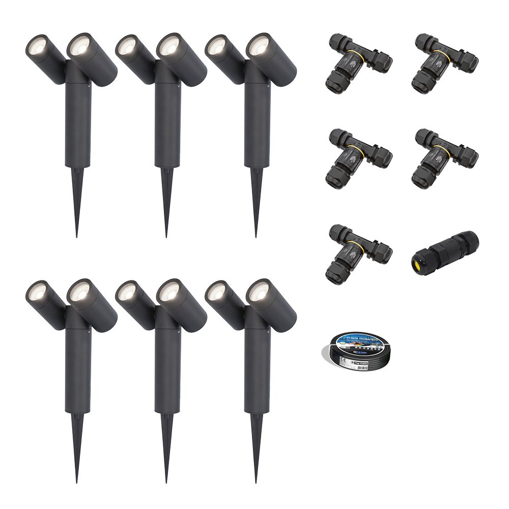 Set van 6 Pinero Dubbel LED prikspots - GU10 8W 690lm - Dimbaar - Kantelbaar - GU10 - 6500K - IP64 - Zwart - Inclusief installatiemateriaal (Kabel & connector) | HOFTRONIC