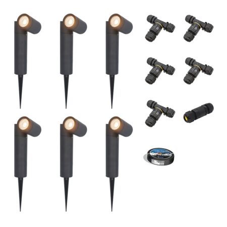 Set van 6 Pinero LED prikspots - GU10 4W 345lm - Dimbaar - Kantelbaar - 2700K - IP65 - Zwart - Tuinspot - Inclusief installatiemateriaal (Kabel & connector)s - Inclusief installatiemateriaal (Kabel & connector) | HOFTRONIC