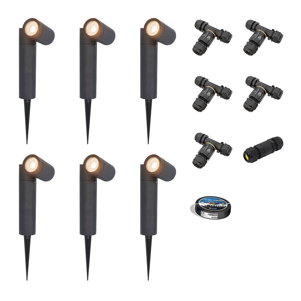 Set van 6 Pinero LED prikspots - GU10 4W 345lm - Dimbaar - Kantelbaar - 2700K - IP65 - Zwart - Tuinspot - Inclusief installatiemateriaal (Kabel & connector)s - Inclusief installatiemateriaal (Kabel & connector) | HOFTRONIC