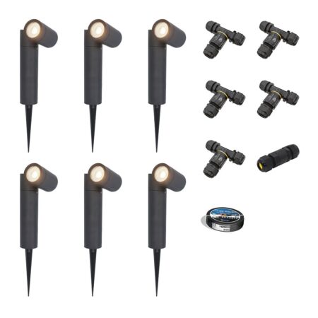 Set van 6 Pinero LED prikspots - GU10 4W 345lm - Dimbaar - Kantelbaar - 4000K - IP64 - Zwart - Tuinspot - Inclusief installatiemateriaal (Kabel & connector) | HOFTRONIC