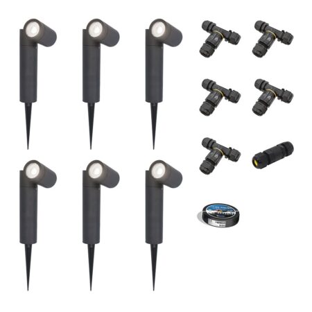 Set van 6 Pinero LED prikspots - GU10 4W 345lm - Dimbaar - Kantelbaar - 6500K - IP64 - Zwart - Tuinspot - Inclusief installatiemateriaal (Kabel & connector) | HOFTRONIC