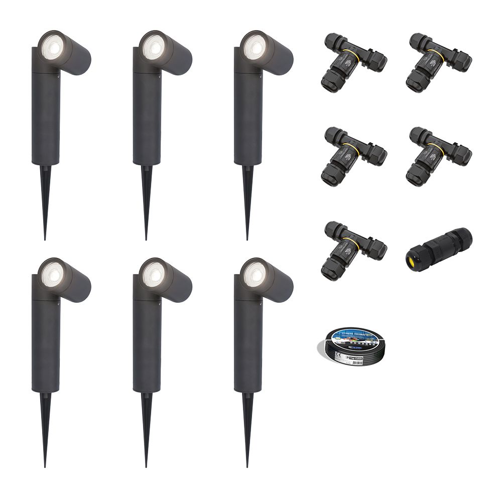 Set van 6 Pinero LED prikspots - GU10 4W 345lm - Dimbaar - Kantelbaar - 6500K - IP64 - Zwart - Tuinspot - Inclusief installatiemateriaal (Kabel & connector) | HOFTRONIC