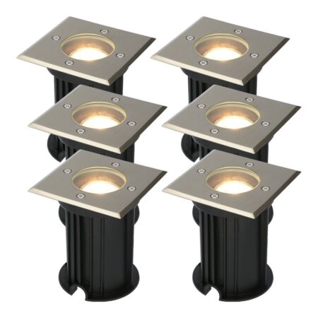 Set van 6 Ramsay LED Grondspot - Dimbaar - Vierkant - GU10 - 4 Watt 345 lumen - 2700K warm wit - RVS - IP67 waterdicht - Tuinspot - Oprit | HOFTRONIC