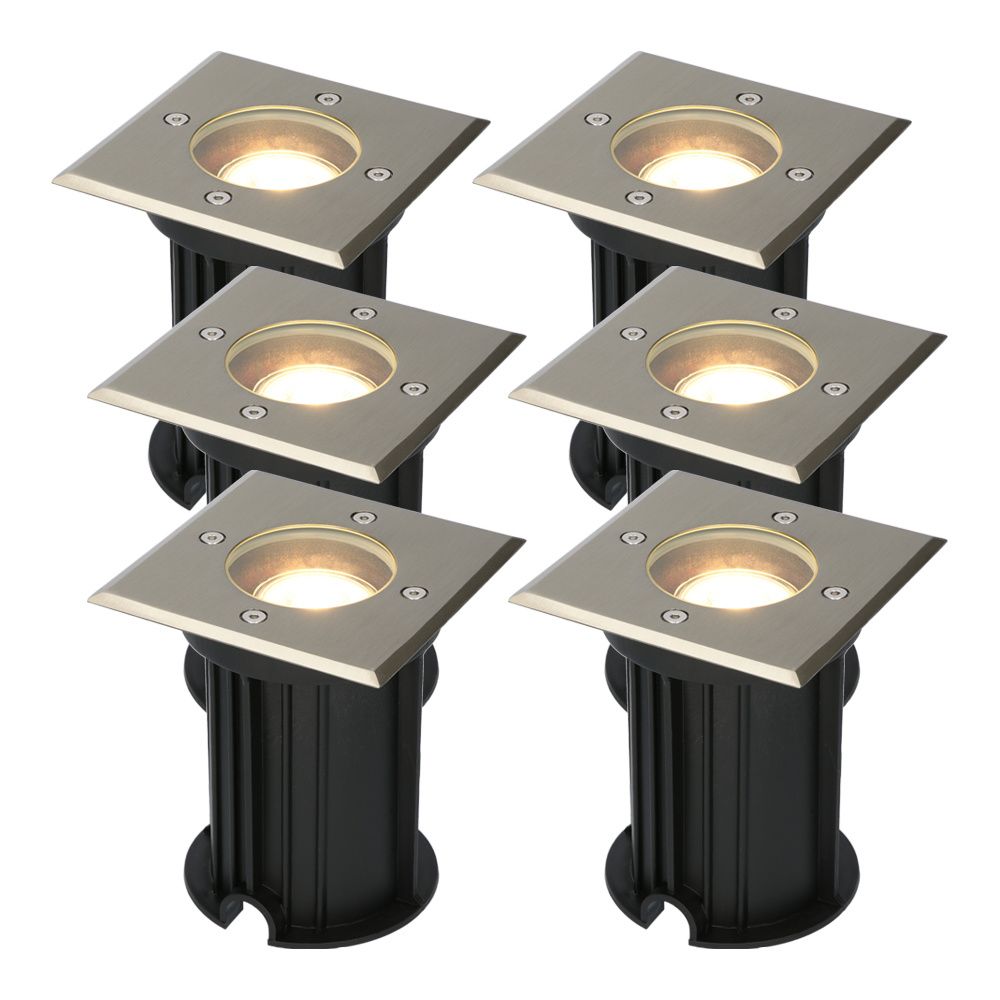 Set van 6 Ramsay LED Grondspot - Dimbaar - Vierkant - GU10 - 4 Watt 345 lumen - 2700K warm wit - RVS - IP67 waterdicht - Tuinspot - Oprit | HOFTRONIC