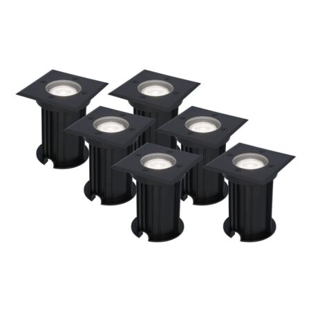Set van 6 Ramsay LED Grondspots Vierkant - Dimbaar - GU10 - 6500K daglicht wit - 4 Watt 345 Lumen - Tuinspot - Zwart - IP67 waterdicht - Overrijdbaar voor de Oprit