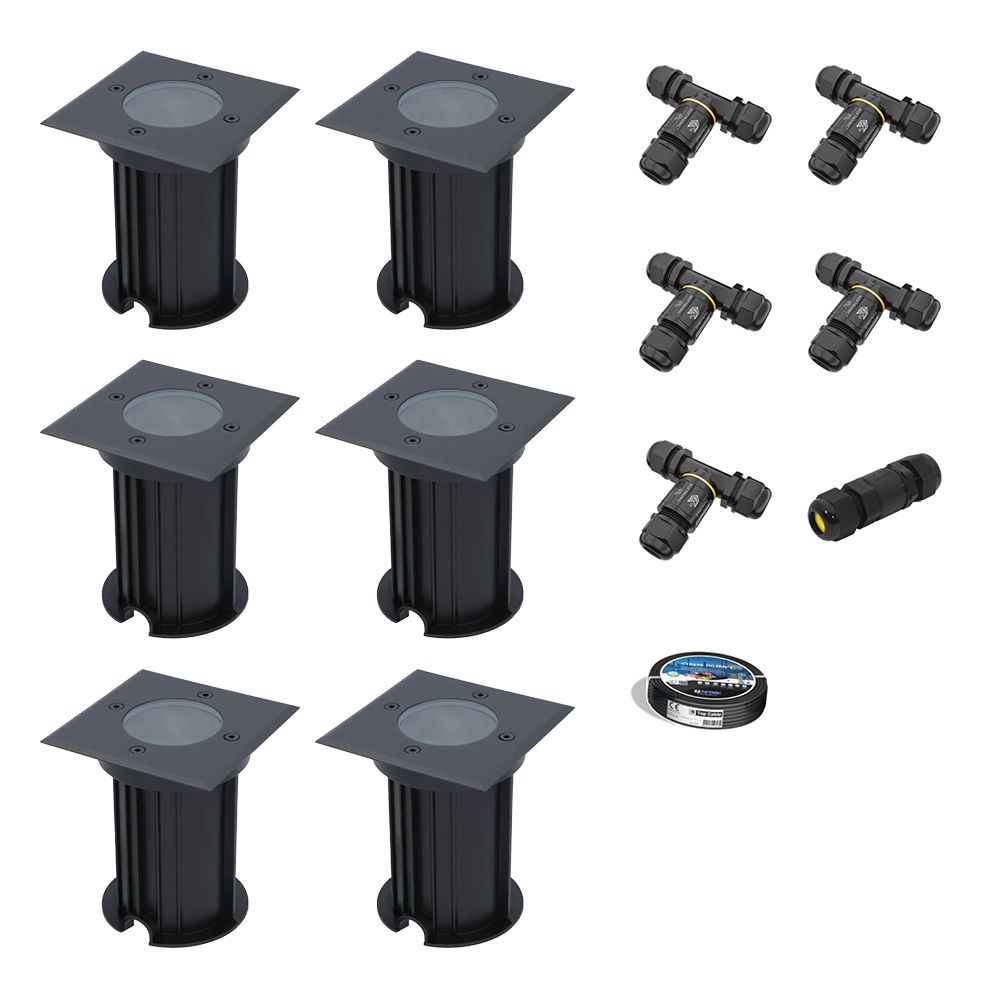 Set van 6 Ramsay LED Grondspots - Vierkant - Dimbaar - GU10 - Excl. Lichtbron - Tuinspot - Zwart - IP67 waterdicht - Overrijdbaar voor de Oprit