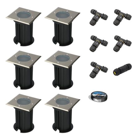 Set van 6 Ramsay LED Grondspots - Vierkant - RVS - GU10 fitting - Excl. lichtbron - IP67 waterdicht - Tuinspot - Oprit - Inclusief installatiemateriaal (Kabel & connector) | HOFTRONIC