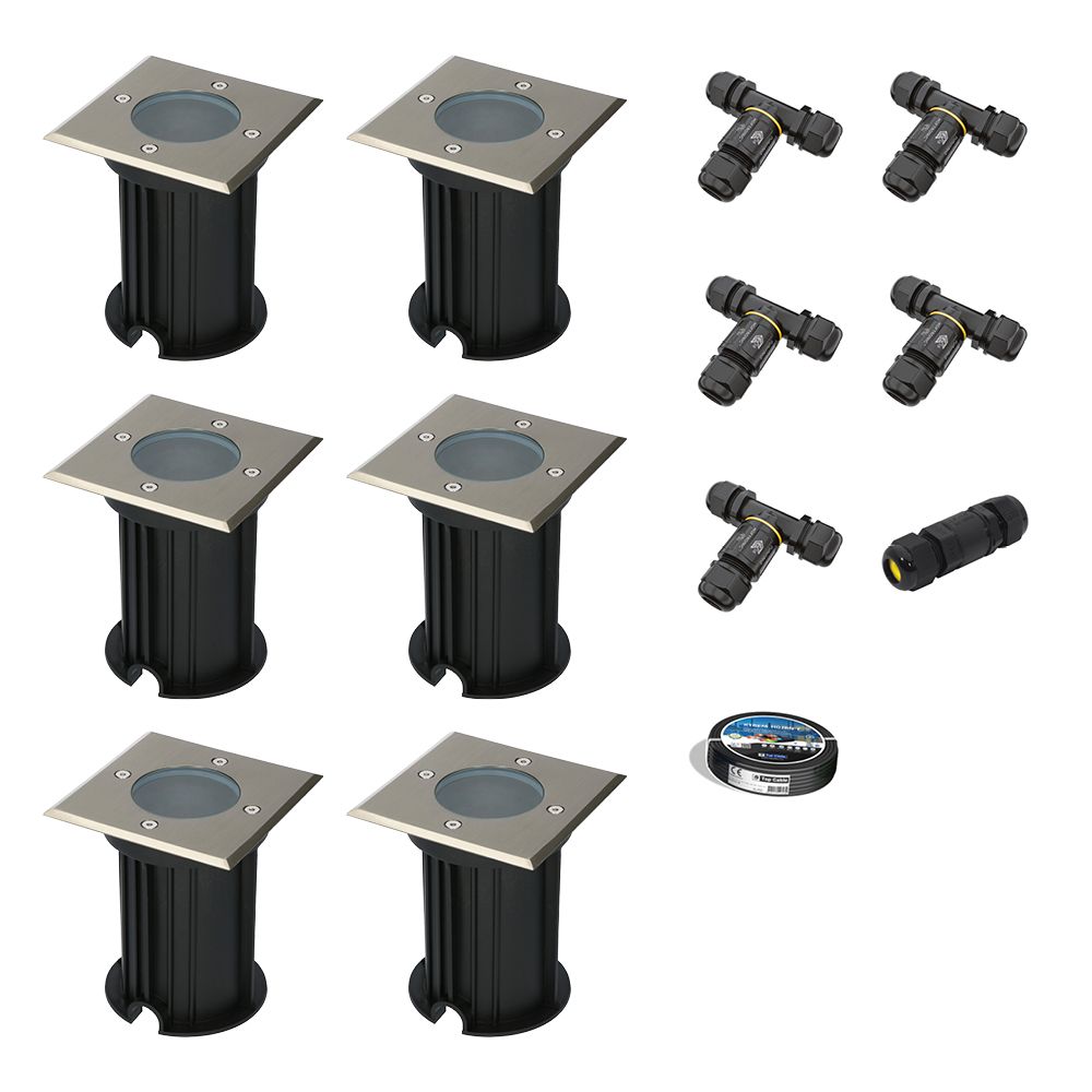Set van 6 Ramsay LED Grondspots - Vierkant - RVS - GU10 fitting - Excl. lichtbron - IP67 waterdicht - Tuinspot - Oprit - Inclusief installatiemateriaal (Kabel & connector) | HOFTRONIC