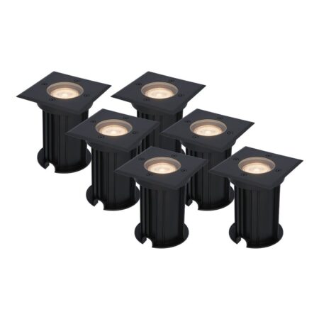 Set van 6 Ramsay LED Grondspots vierkant - Dimbaar - GU10 - 2700K warm wit - 4 Watt 345 lumen - Tuinspot - Zwart - IP67 waterdicht - Overrijdbaar voor de Oprit