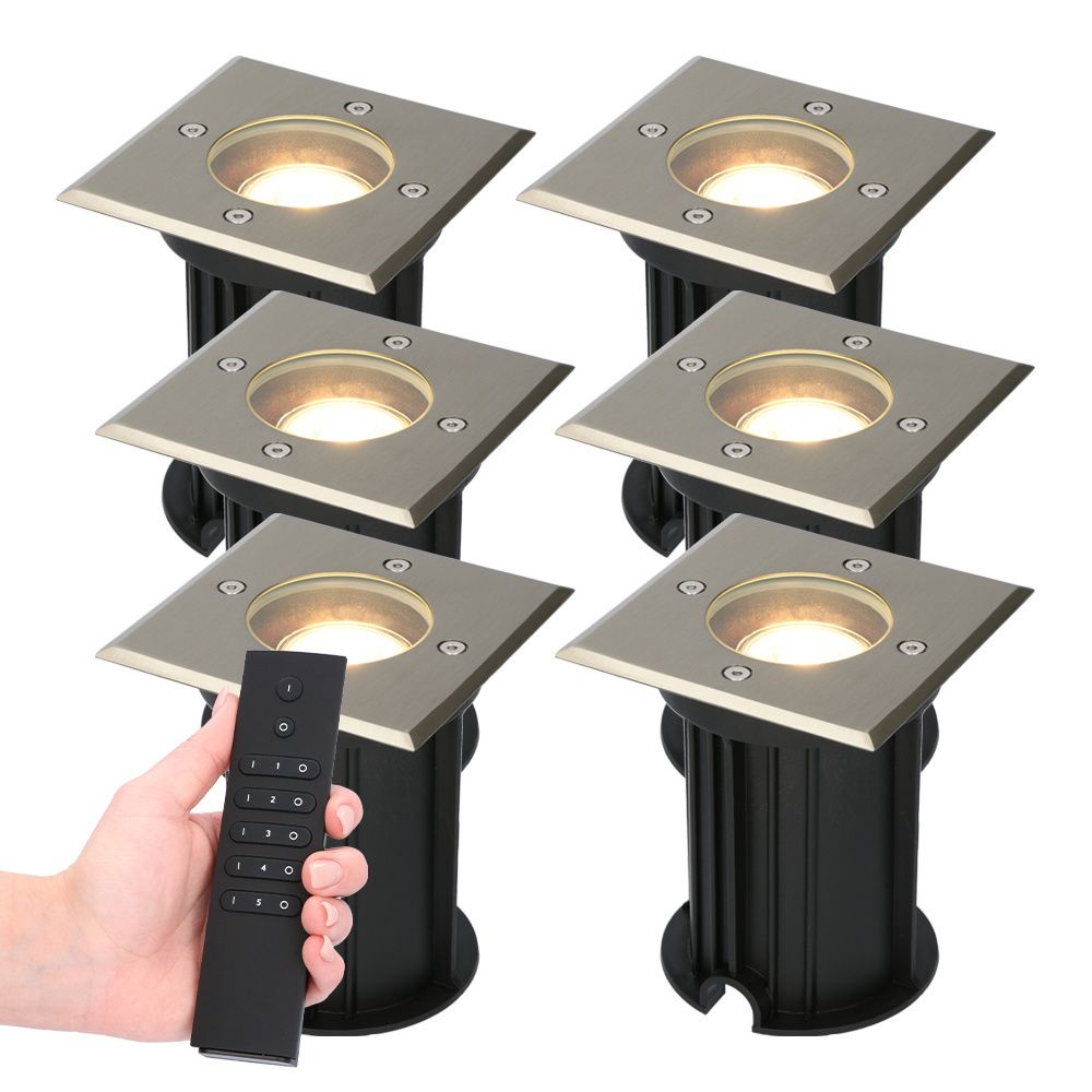 Set van 6 Ramsay LED Grondspots vierkant buiten - Dimbaar - GU10 - 2700K warm wit - 4 Watt 345 lumen - Tuinspot - RVS - IP67 waterdicht - Incl. Afstandsbediening | HOFTRONIC