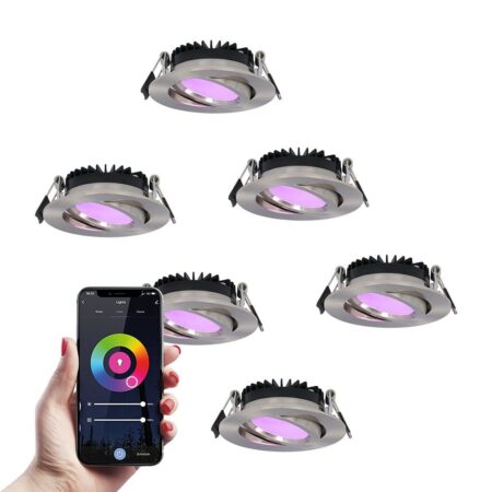 Set van 6 Rome smart inbouwspots - IP44 Waterdicht - 6 Watt 480 lumen - Kantelbaar - Lage inbouwdiepte 27mm - Wifi + Bluetooth - RGBWW - Google Home