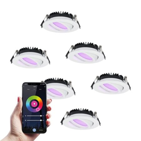 Set van 6 Rome smart inbouwspots - IP44 Waterdicht - 6 Watt 480 lumen - Kantelbaar - Lage inbouwdiepte 27mm - Wifi + Bluetooth - RGBWW - Google Home