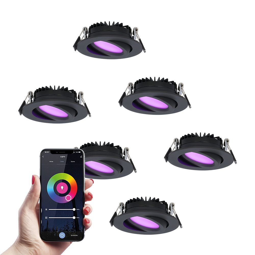 Set van 6 Rome smart inbouwspots - IP44 Waterdicht - 6 Watt 480 lumen - Kantelbaar - Lage inbouwdiepte 27mm - Wifi + Bluetooth - RGBWW - Google Home