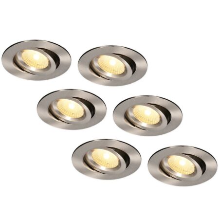 Set van 6 Salerno LED inbouwspots - 8W 650 lumen - 2700K warm wit - Dimbaar - Rond - Kantelbaar - IP44 waterdicht - RVS - Voor binnen
