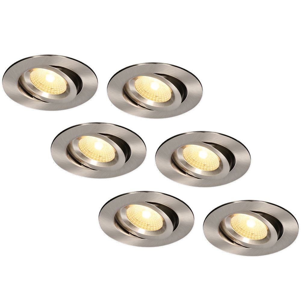 Set van 6 Salerno LED inbouwspots - 8W 650 lumen - 2700K warm wit - Dimbaar - Rond - Kantelbaar - IP44 waterdicht - RVS - Voor binnen