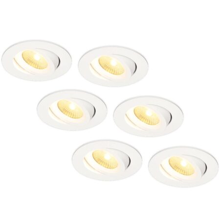 Set van 6 Salerno LED inbouwspots - 8W 650 lumen - 2700K warm wit - Dimbaar - Rond - Kantelbaar - IP44 waterdicht - Wit - Voor binnen