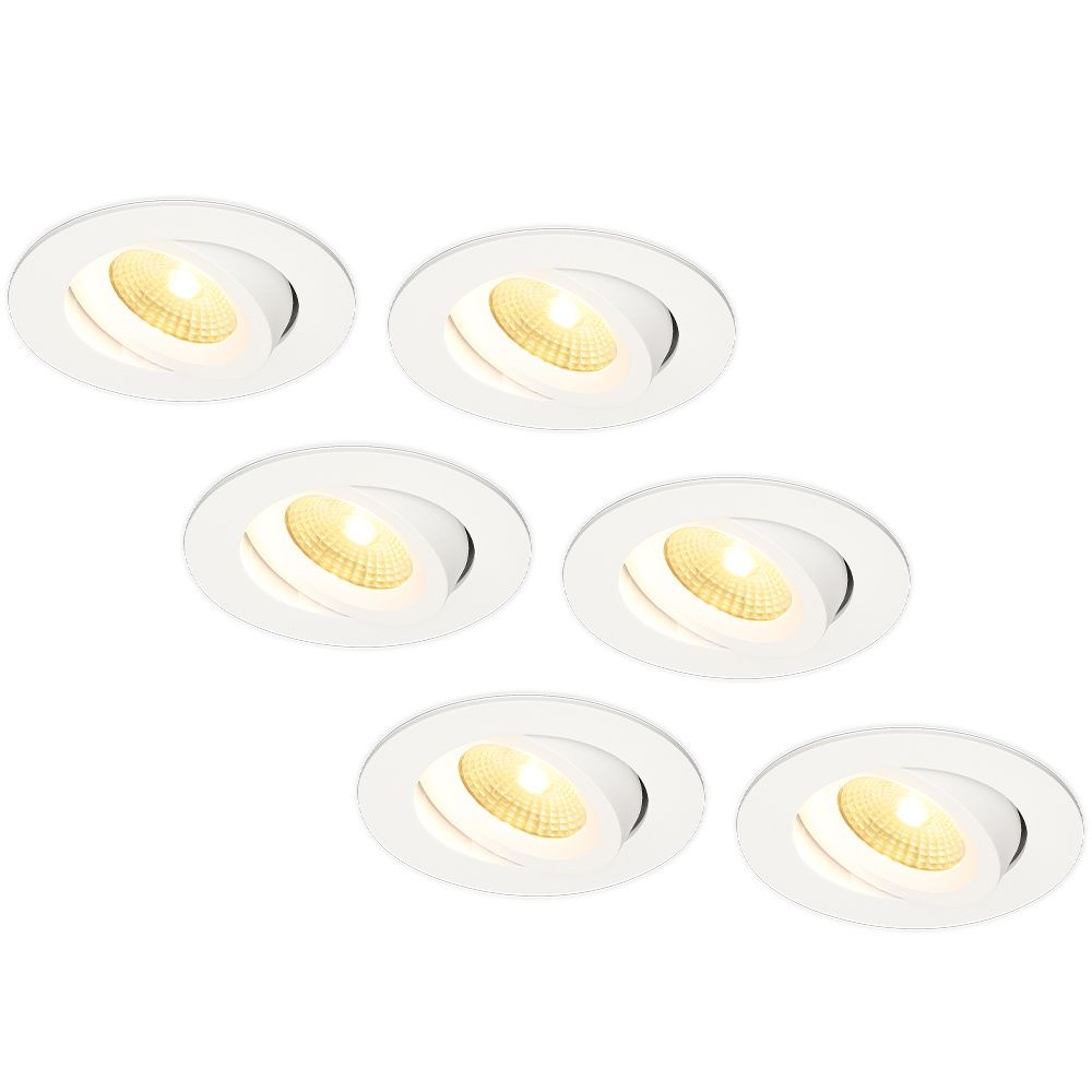 Set van 6 Salerno LED inbouwspots - 8W 650 lumen - 2700K warm wit - Dimbaar - Rond - Kantelbaar - IP44 waterdicht - Wit - Voor binnen
