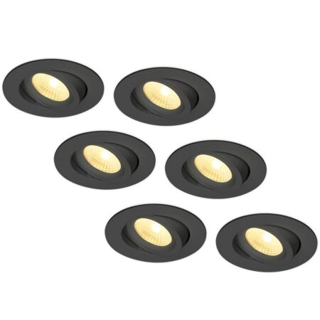 Set van 6 Salerno LED inbouwspots - 8W 650 lumen - 2700K warm wit - Dimbaar - Rond - Kantelbaar - IP44 waterdicht - Zwart - Voor binnen
