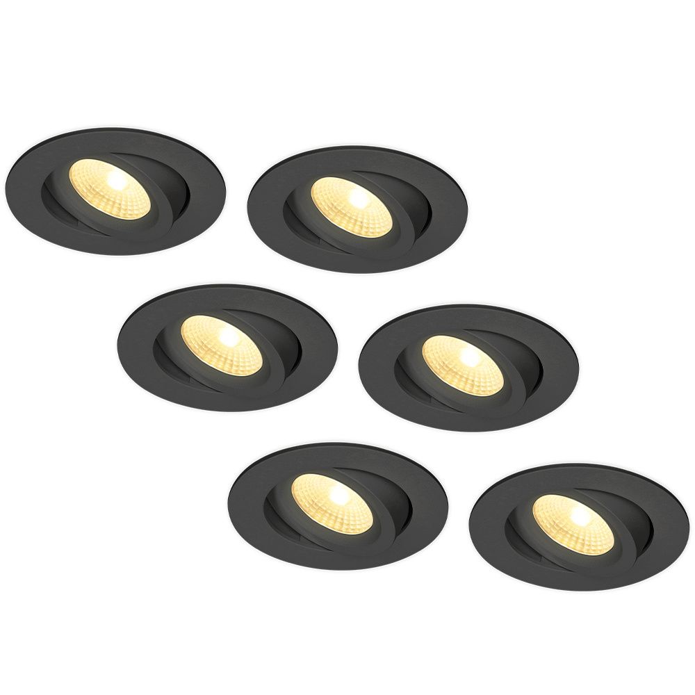 Set van 6 Salerno LED inbouwspots - 8W 650 lumen - 2700K warm wit - Dimbaar - Rond - Kantelbaar - IP44 waterdicht - Zwart - Voor binnen