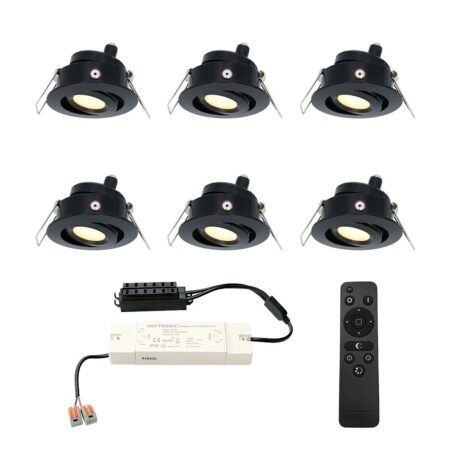 Set van 6 Sienna LED Mini Inbouwspots met trafo - 12 Volt 3 Watt 200 lumen - Dimbaar - Kantelbaar - Plat 30mm - 2700K - IP44 waterdicht - Zwart | HOFTRONIC
