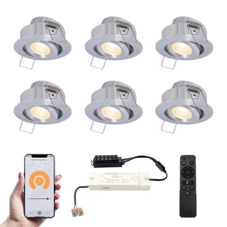 Set van 6 Sienna Smart LED Mini Inbouwspots - Veranda spots - 12V 3W 200lm - Dimbaar - Kantelbaar - Wifi & Bluetooth - 2700K - IP44 - RVS | HOFTRONIC