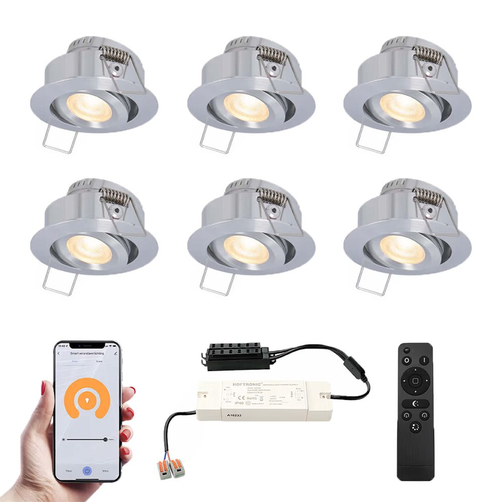Set van 6 Sienna Smart LED Mini Inbouwspots - Veranda spots - 12V 3W 200lm - Dimbaar - Kantelbaar - Wifi & Bluetooth - 2700K - IP44 - RVS | HOFTRONIC