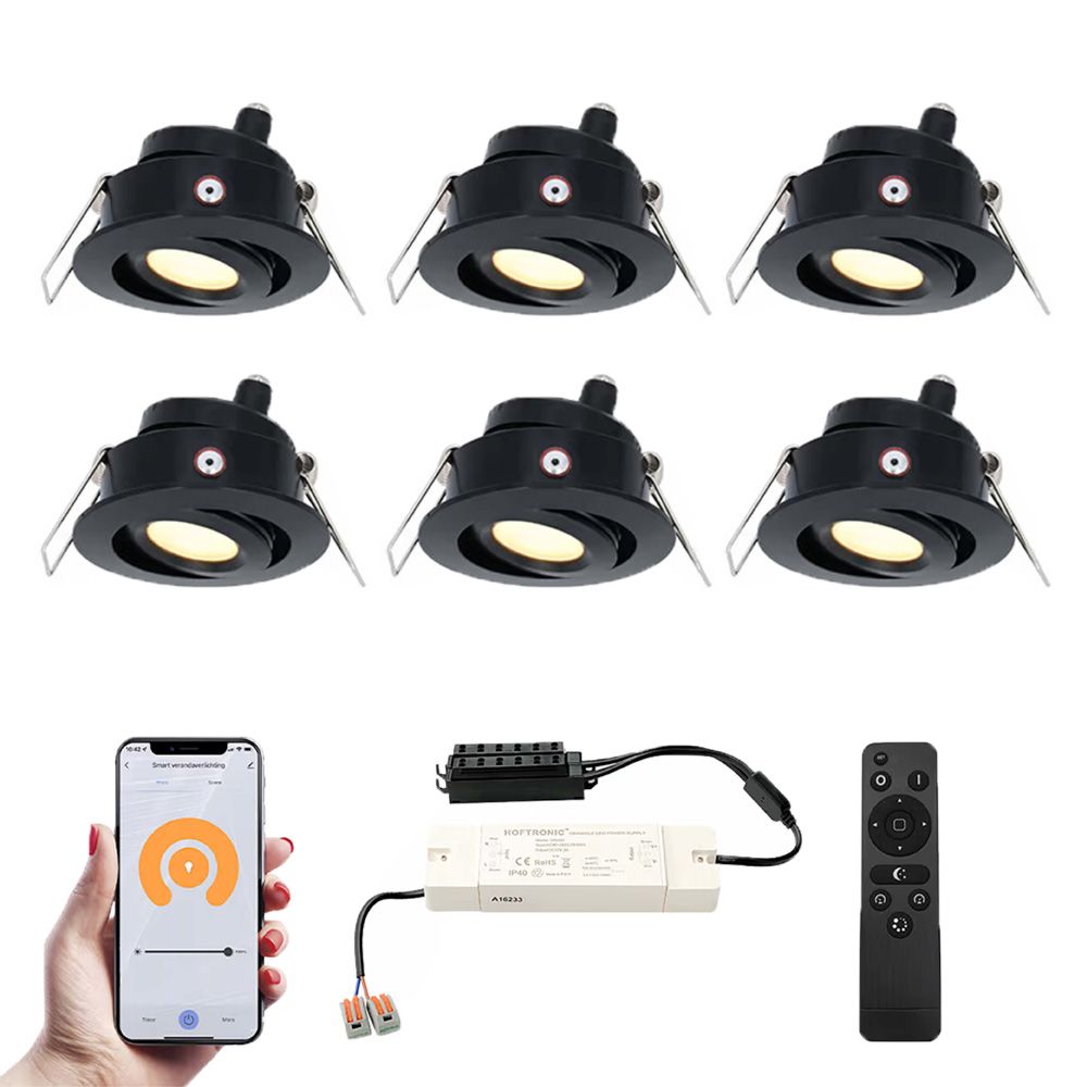 Set van 6 Sienna Smart LED Mini Inbouwspots - Veranda spots - 12V 3W 200lm - Dimbaar - Kantelbaar - Wifi & Bluetooth - 2700K - IP44 - Zwart | HOFTRONIC