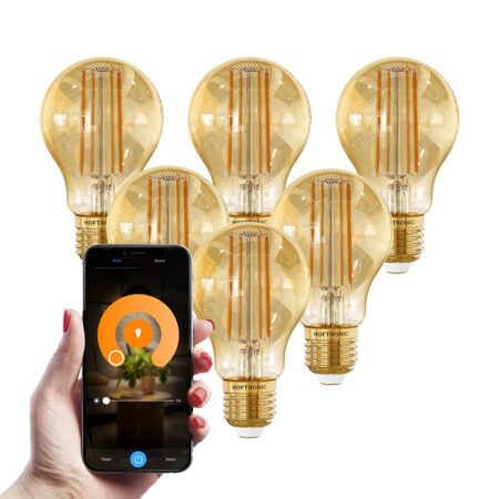 Set van 6 Smart E27 LED Filament Lamp - 7 Watt 806 lumen - A60 Amberkleurig glas - 1800-3000K Dimbaar | HOFTRONIC