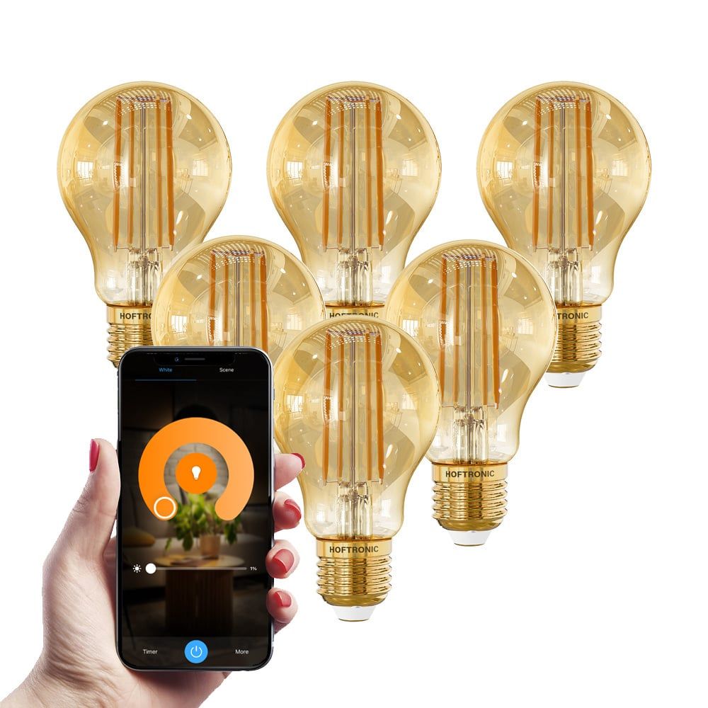 Set van 6 Smart E27 LED Filament Lamp - 7 Watt 806 lumen - A60 Amberkleurig glas - 1800-3000K Dimbaar | HOFTRONIC