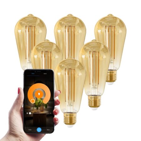 Set van 6 Smart E27 LED Filament Lampen - 7 Watt 806 lumen - ST64 Amberkleurig glas - 1800-3000K Dimbaar - Edison lamp | HOFTRONIC