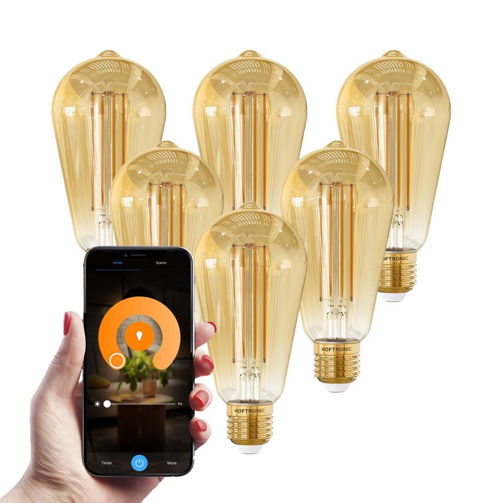 Set van 6 Smart E27 LED Filament Lampen - 7 Watt 806 lumen - ST64 Amberkleurig glas - 1800-3000K Dimbaar - Edison lamp | HOFTRONIC