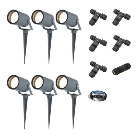 Set van 6 Spikey LED prikspots - GU10 4 Watt 345 Lumen - Dimbaar - Kantelbaar - 4000K neutraal wit - IP64 Waterdicht - Antraciet - Tuinspots - Pinspots - Inclusief installatiemateriaal (Kabel & connector) | HOFTRONIC