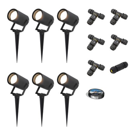 Set van 6 Spikey LED prikspots - GU10 4 Watt 345 Lumen - Dimbaar - Kantelbaar - 4000K neutraal wit - IP64 Waterdicht - Zwart - Tuinspots - Pinspots - Inclusief installatiemateriaal (Kabel & connector) | HOFTRONIC