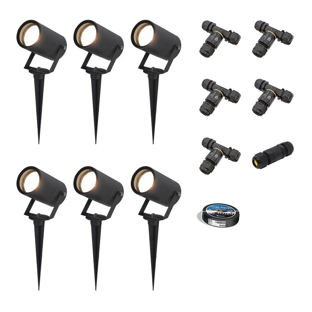Set van 6 Spikey LED prikspots - GU10 4 Watt 345 Lumen - Dimbaar - Kantelbaar - 4000K neutraal wit - IP64 Waterdicht - Zwart - Tuinspots - Pinspots - Inclusief installatiemateriaal (Kabel & connector) | HOFTRONIC