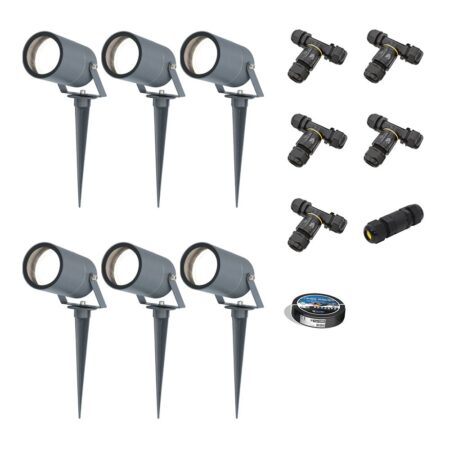 Set van 6 Spikey LED prikspots - GU10 4 Watt 345 Lumen - Dimbaar - Kantelbaar - 6500K daglicht wit - IP64 Waterdicht - Antraciet - Tuinspots - Pinspots - Inclusief installatiemateriaal (Kabel & connector) | HOFTRONIC