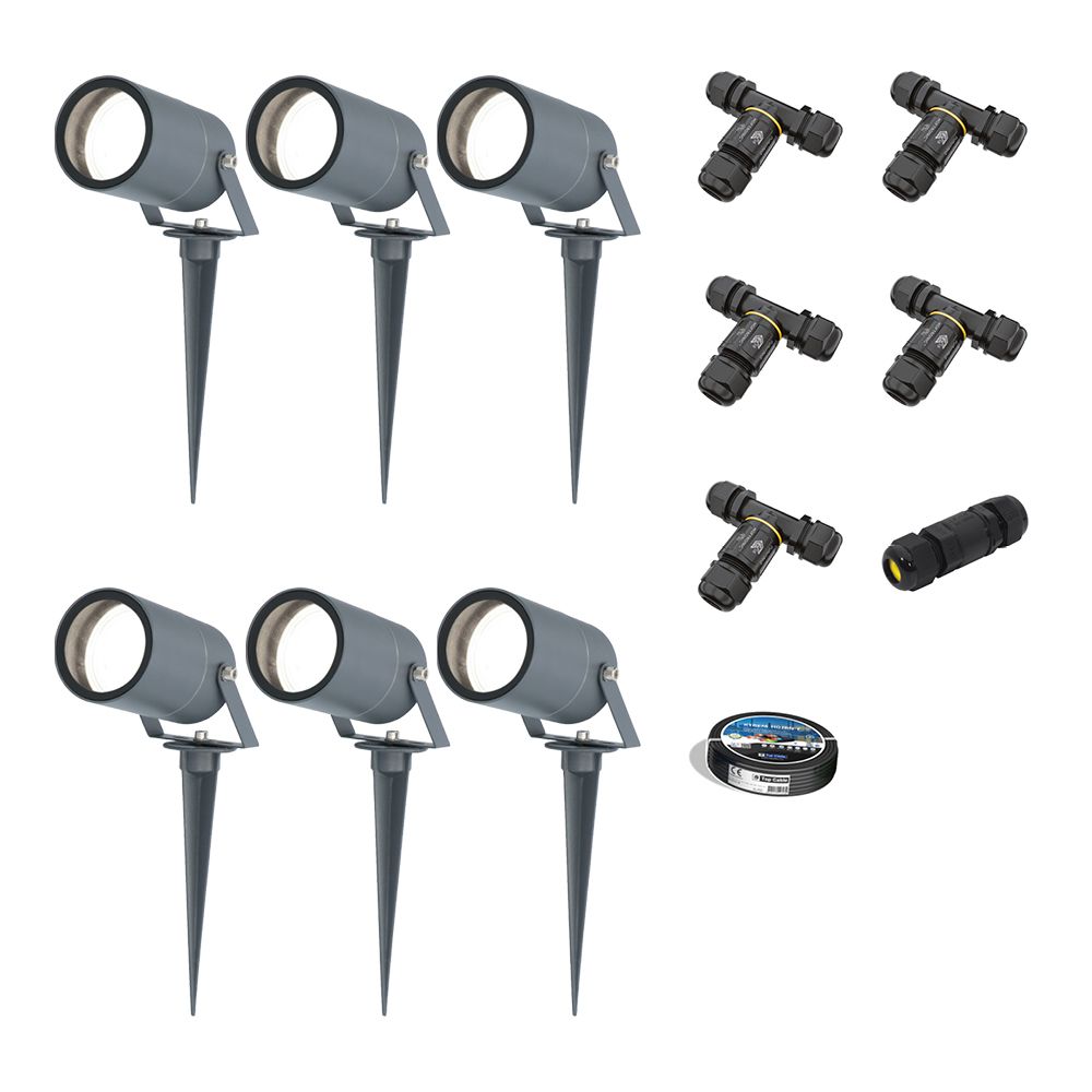 Set van 6 Spikey LED prikspots - GU10 4 Watt 345 Lumen - Dimbaar - Kantelbaar - 6500K daglicht wit - IP64 Waterdicht - Antraciet - Tuinspots - Pinspots - Inclusief installatiemateriaal (Kabel & connector) | HOFTRONIC