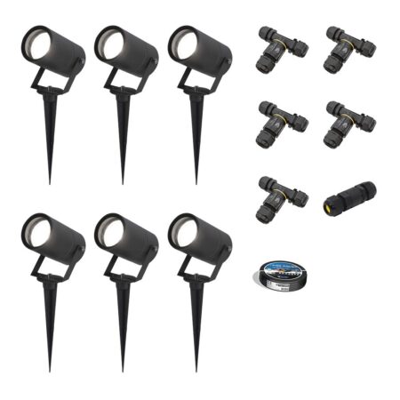 Set van 6 Spikey LED prikspots - GU10 4 Watt 345 Lumen - Dimbaar - Kantelbaar - 6500K daglicht wit - IP64 Waterdicht - Zwart - Tuinspots - Pinspots - Inclusief installatiemateriaal (Kabel & connector) | HOFTRONIC