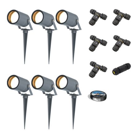 Set van 6 Spikey LED prikspots - GU10 4 Watt 345 lumen - Dimbaar - Kantelbaar - 2700K warm wit - IP65 Waterdicht - Antraciet - Tuinspots - Pinspots - Inclusief installatiemateriaal (Kabel & connector) | HOFTRONIC