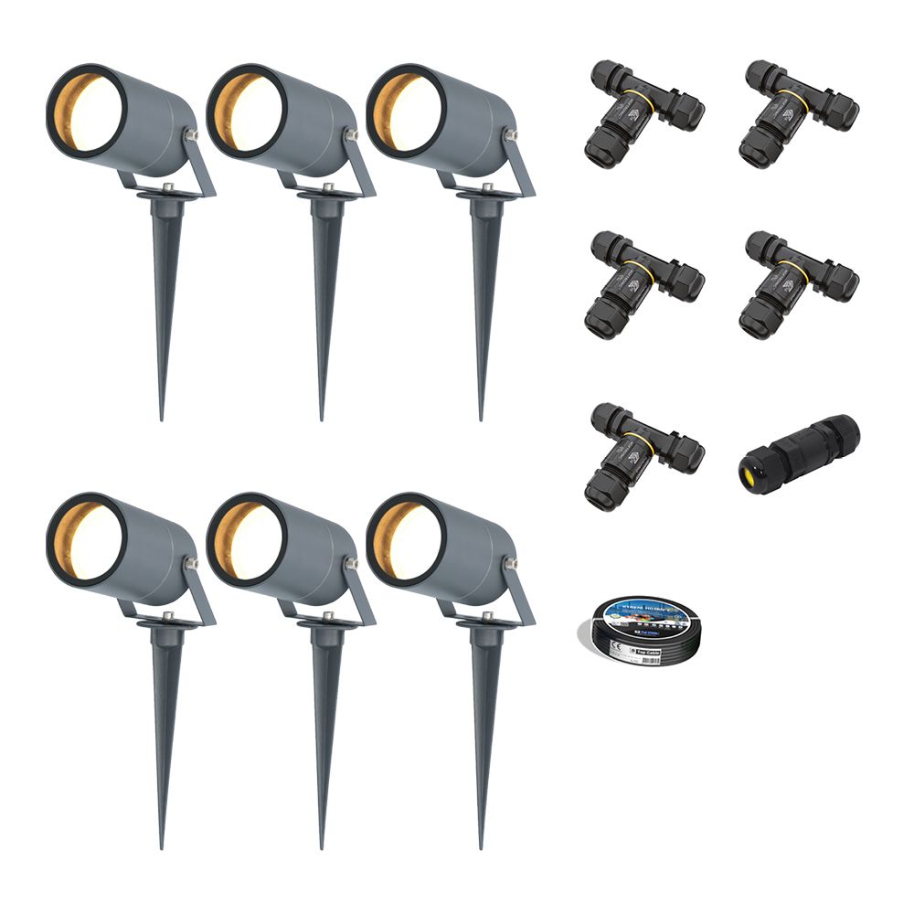Set van 6 Spikey LED prikspots - GU10 4 Watt 345 lumen - Dimbaar - Kantelbaar - 2700K warm wit - IP65 Waterdicht - Antraciet - Tuinspots - Pinspots - Inclusief installatiemateriaal (Kabel & connector) | HOFTRONIC