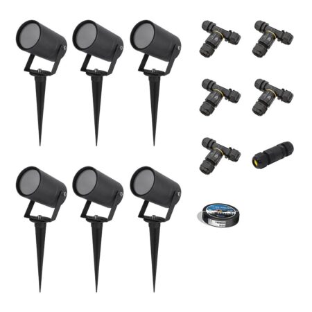 Set van 6 Spikey LED prikspots - GU10 Fitting - Dimbaar - Wandspot - IP65 voor binnen en buiten - Grondspies - Zwart | HOFTRONIC