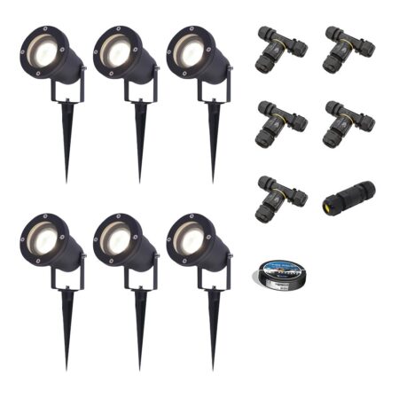 Set van 6 Sydney LED prikspots - Dimbaar - Kantelbaar - GU10 4 Watt 345 Lumen - 4000K neutraal wit - IP64 Waterdicht - Zwart - Inclusief installatiemateriaal (Kabel & connector) | HOFTRONIC