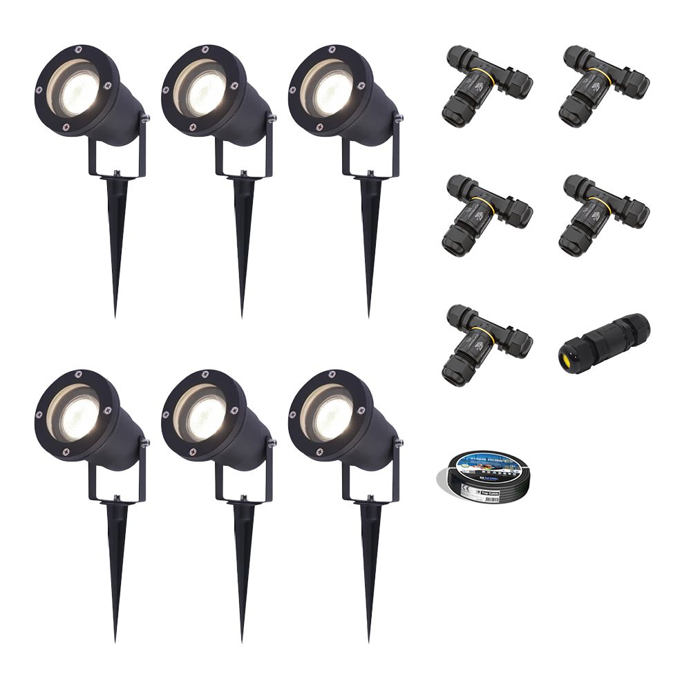Set van 6 Sydney LED prikspots - Dimbaar - Kantelbaar - GU10 4 Watt 345 Lumen - 4000K neutraal wit - IP64 Waterdicht - Zwart - Inclusief installatiemateriaal (Kabel & connector) | HOFTRONIC
