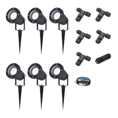 Set van 6 Sydney LED prikspots - Dimbaar - Kantelbaar - GU10 4 Watt 345 Lumen - 6500K daglicht wit - IP64 Waterdicht - Zwart - Inclusief installatiemateriaal (Kabel & connector) | HOFTRONIC