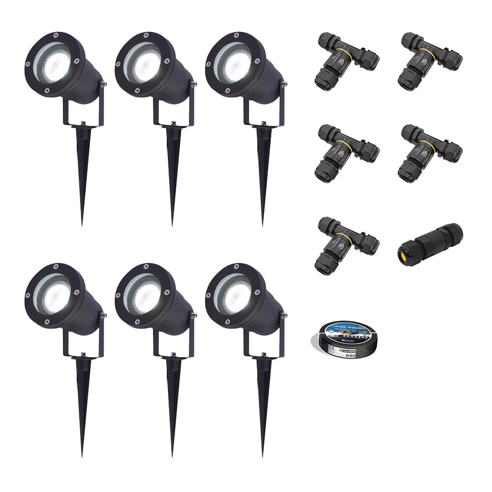 Set van 6 Sydney LED prikspots - Dimbaar - Kantelbaar - GU10 4 Watt 345 Lumen - 6500K daglicht wit - IP64 Waterdicht - Zwart - Inclusief installatiemateriaal (Kabel & connector) | HOFTRONIC